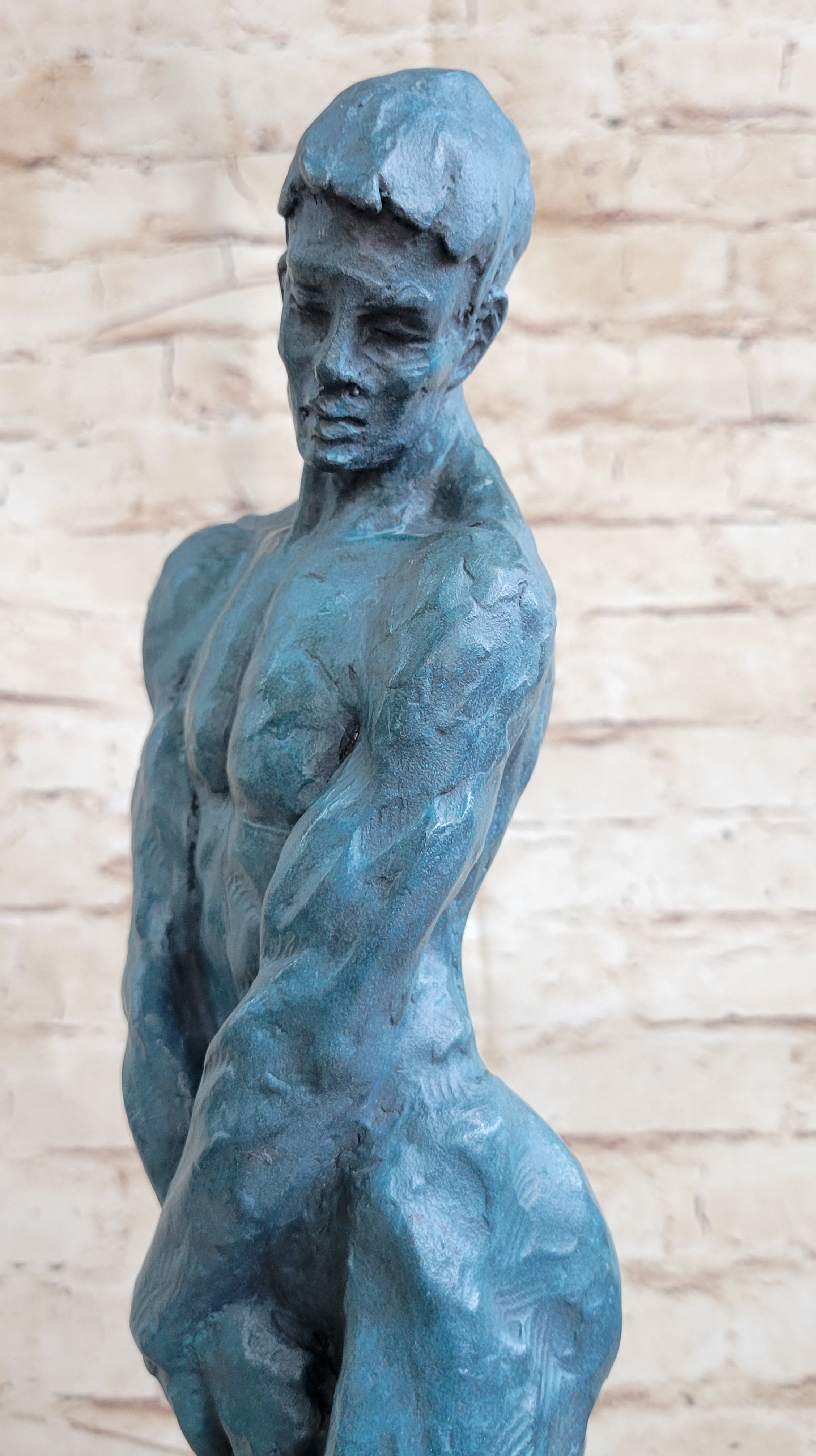 Green Patina Rodin Adam Nude Male Bronze Sculpture Classic Artwork