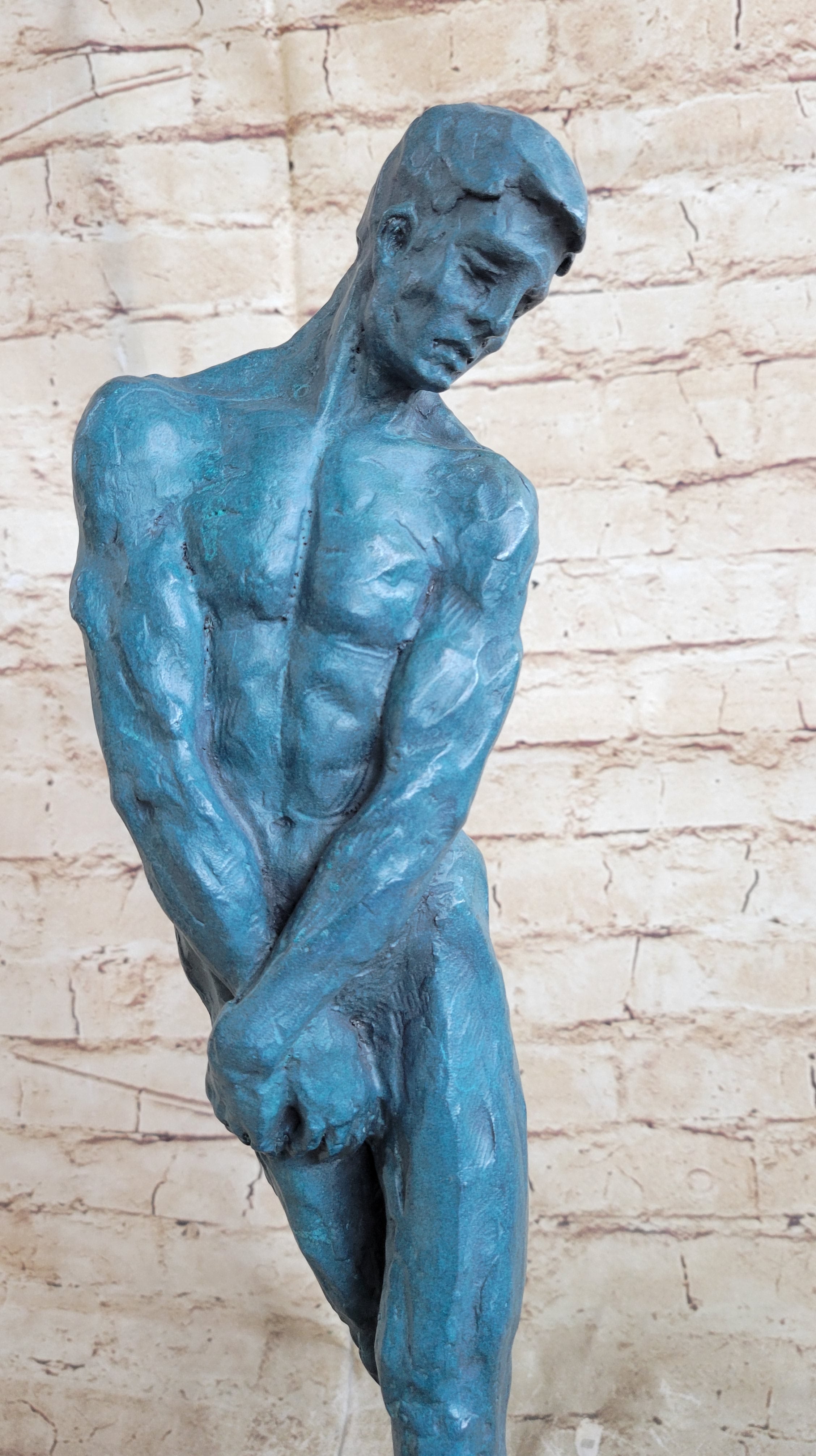Green Patina Rodin Adam Nude Male Bronze Sculpture Classic Artwork