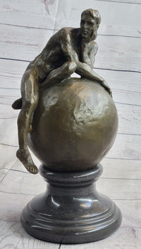 Nude Male Figure Resting on Globe Sculpture Figure Signed 11" x 7"