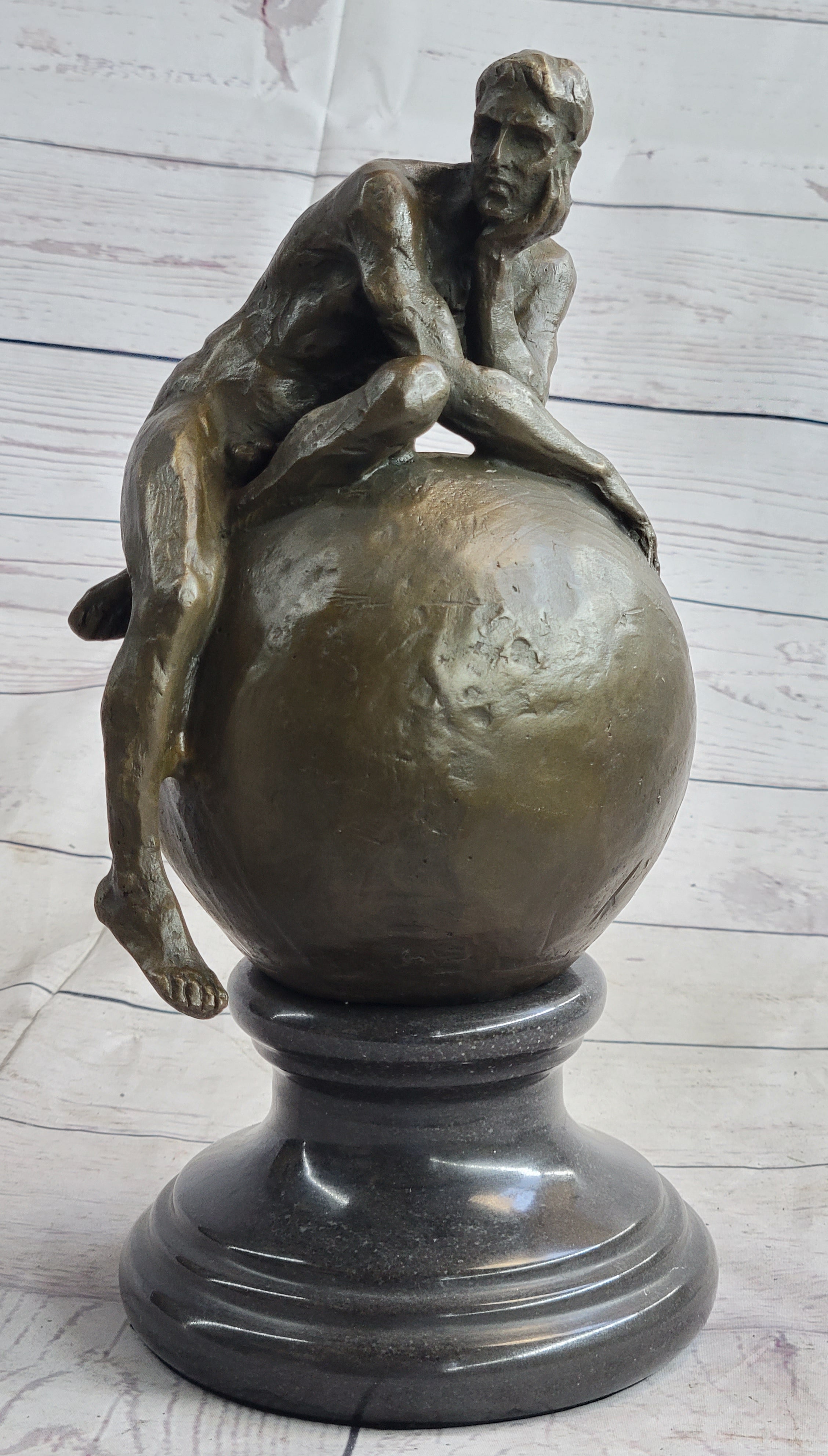 Nude Male Figure Resting on Globe Sculpture Figure Signed 11" x 7"