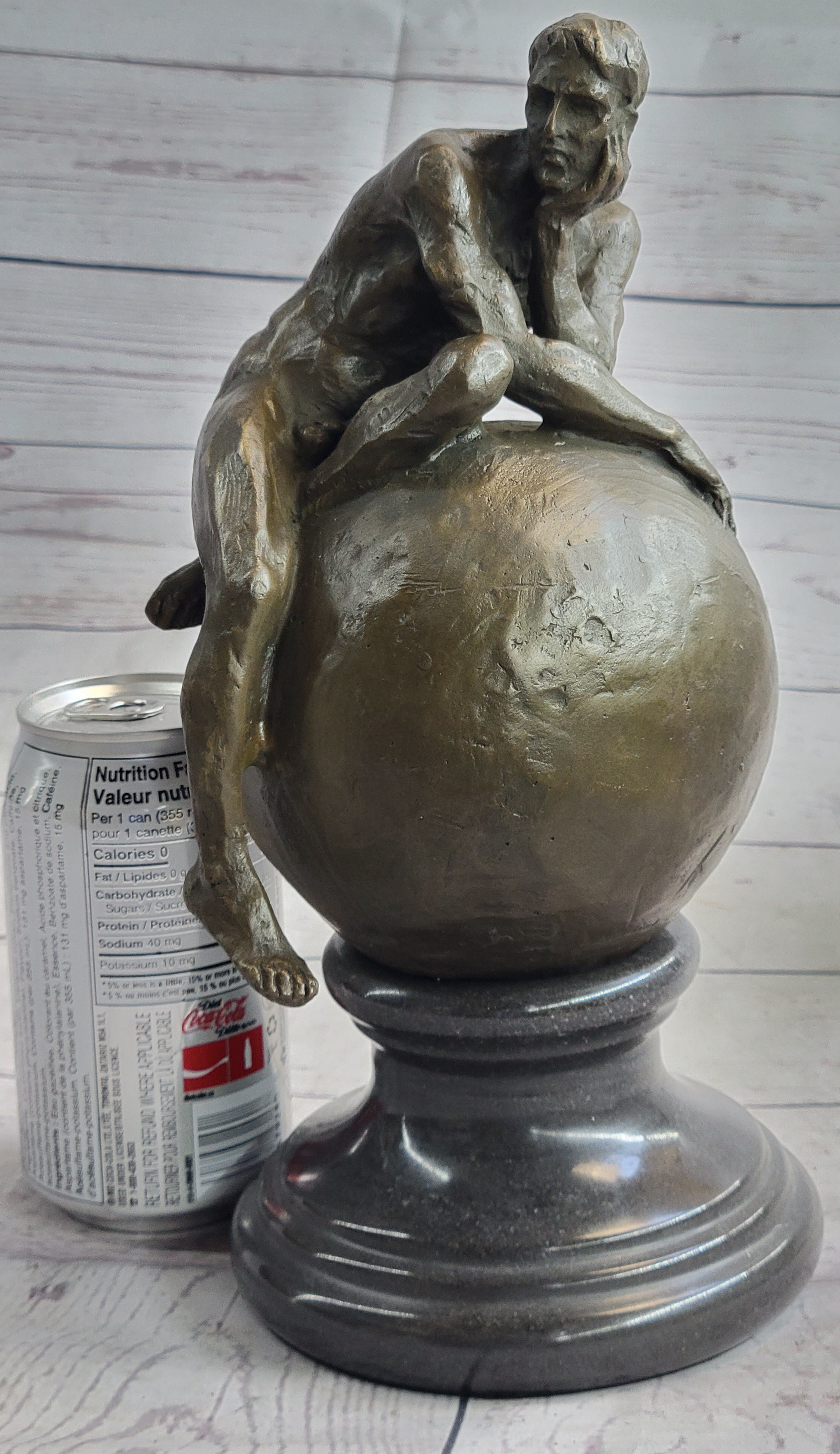 Nude Male Figure Resting on Globe Sculpture Figure Signed 11" x 7"
