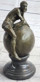 Nude Male Figure Resting on Globe Sculpture Figure Signed 11" x 7"