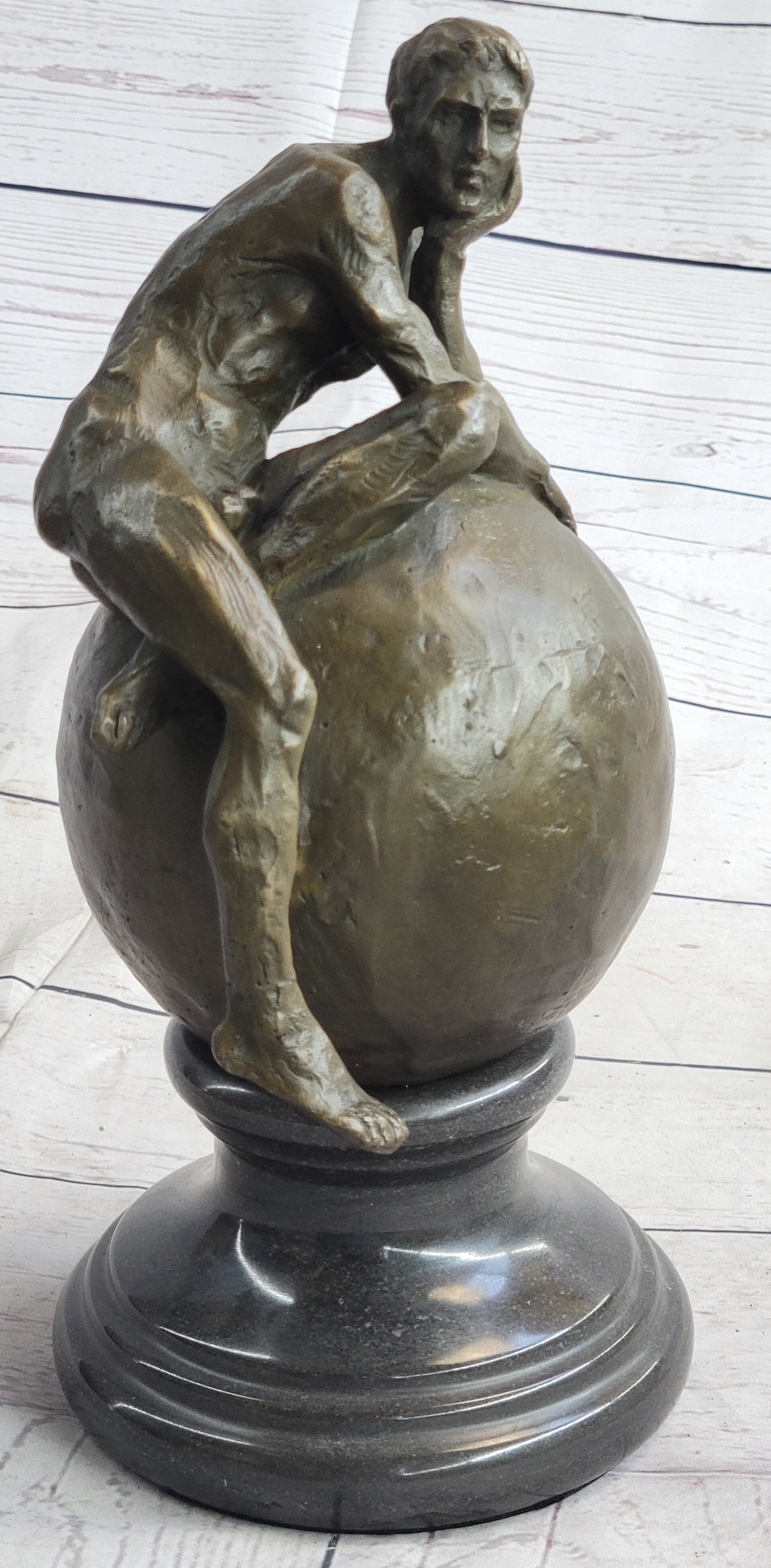 Nude Male Figure Resting on Globe Sculpture Figure Signed 11" x 7"