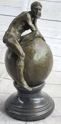 Nude Male Figure Resting on Globe Sculpture Figure Signed 11" x 7"