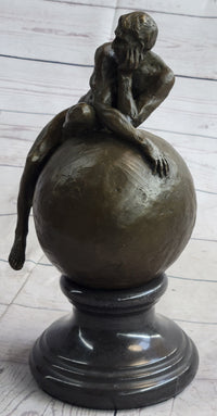 Nude Male Figure Resting on Globe Sculpture Figure Signed 11" x 7"