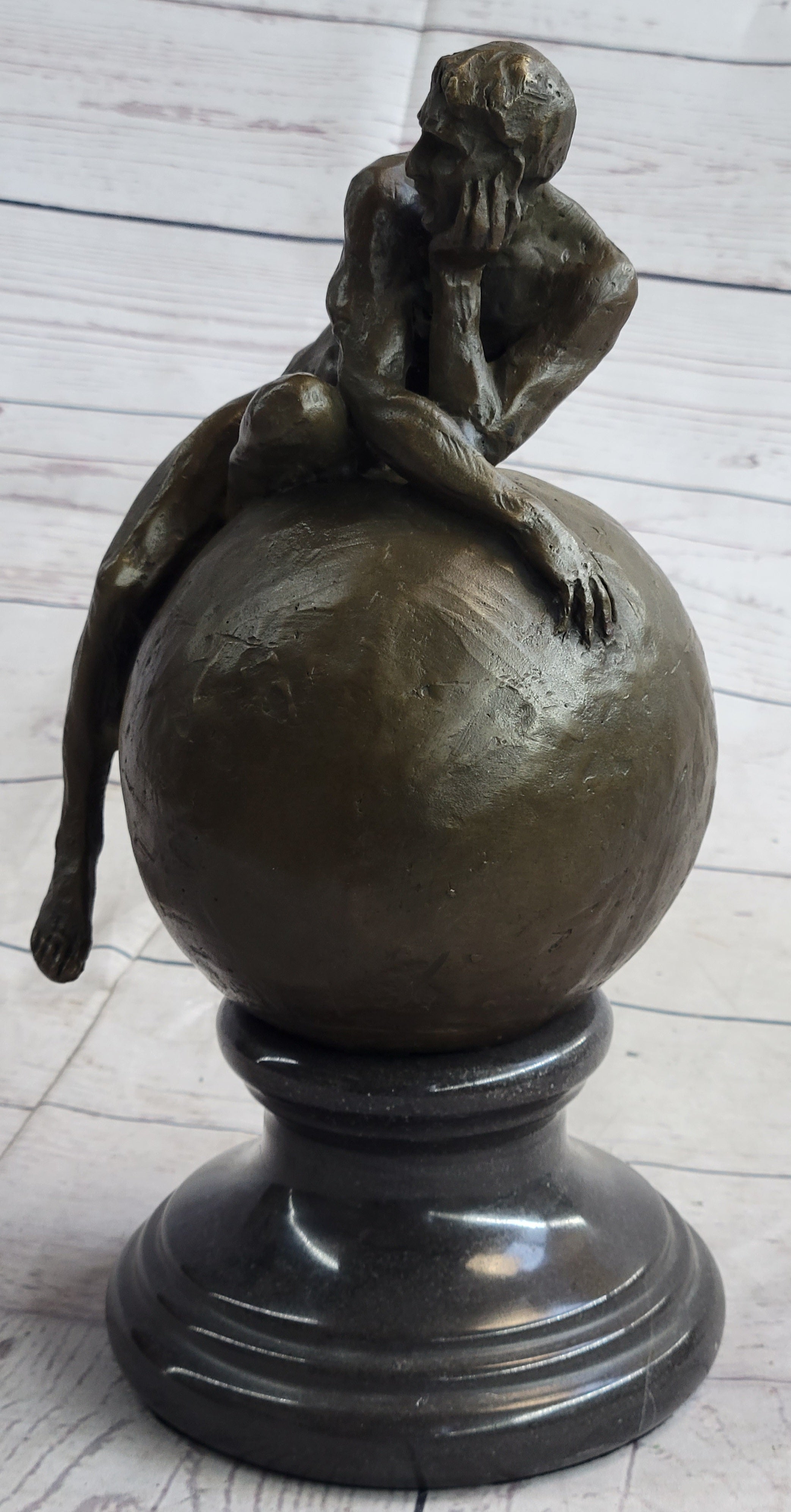 Nude Male Figure Resting on Globe Sculpture Figure Signed 11" x 7"