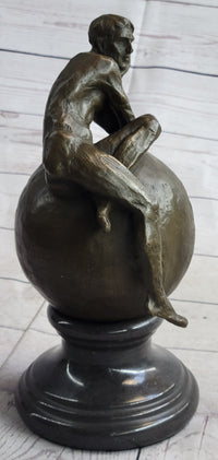 Nude Male Figure Resting on Globe Sculpture Figure Signed 11" x 7"