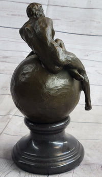 Nude Male Figure Resting on Globe Sculpture Figure Signed 11" x 7"