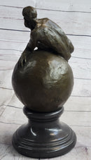 Nude Male Figure Resting on Globe Sculpture Figure Signed 11" x 7"