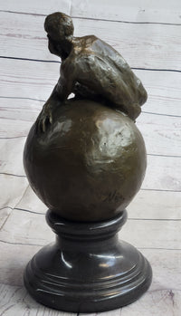 Nude Male Figure Resting on Globe Sculpture Figure Signed 11" x 7"