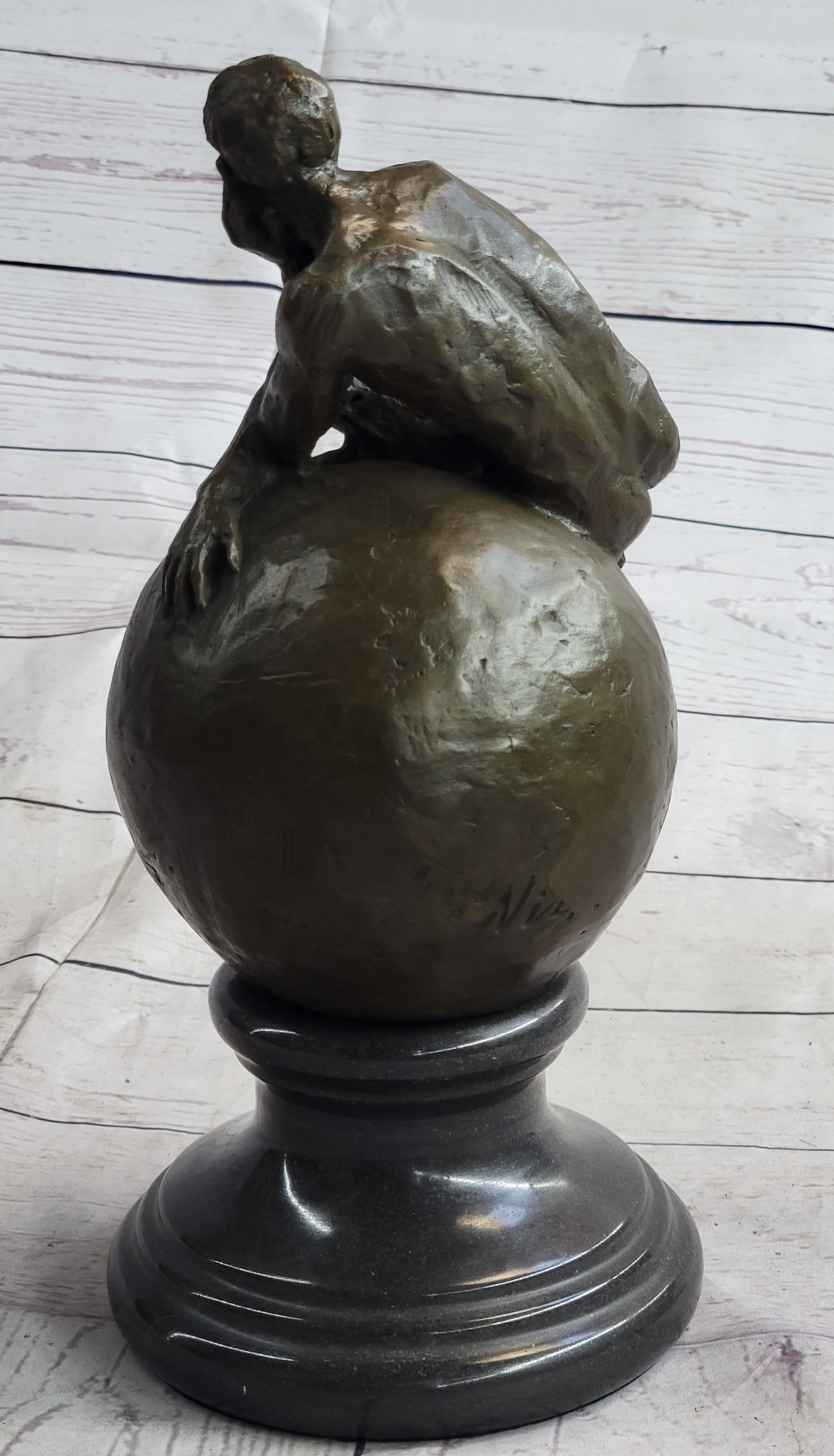 Nude Male Figure Resting on Globe Sculpture Figure Signed 11" x 7"