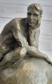 Nude Male Figure Resting on Globe Sculpture Figure Signed 11" x 7"