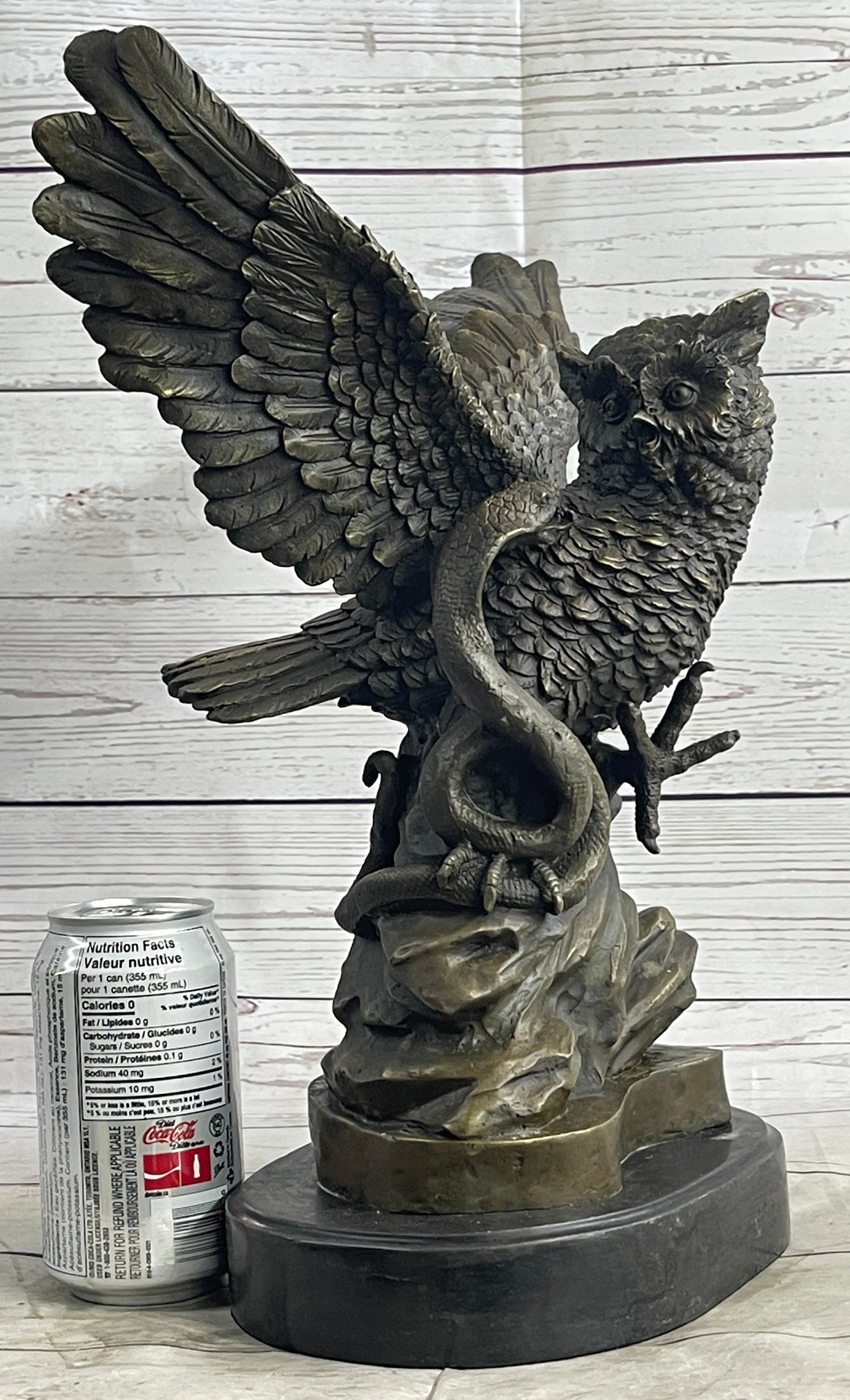 Owl and Snake Bronze Sculpture on Marble Base 15" x 12"