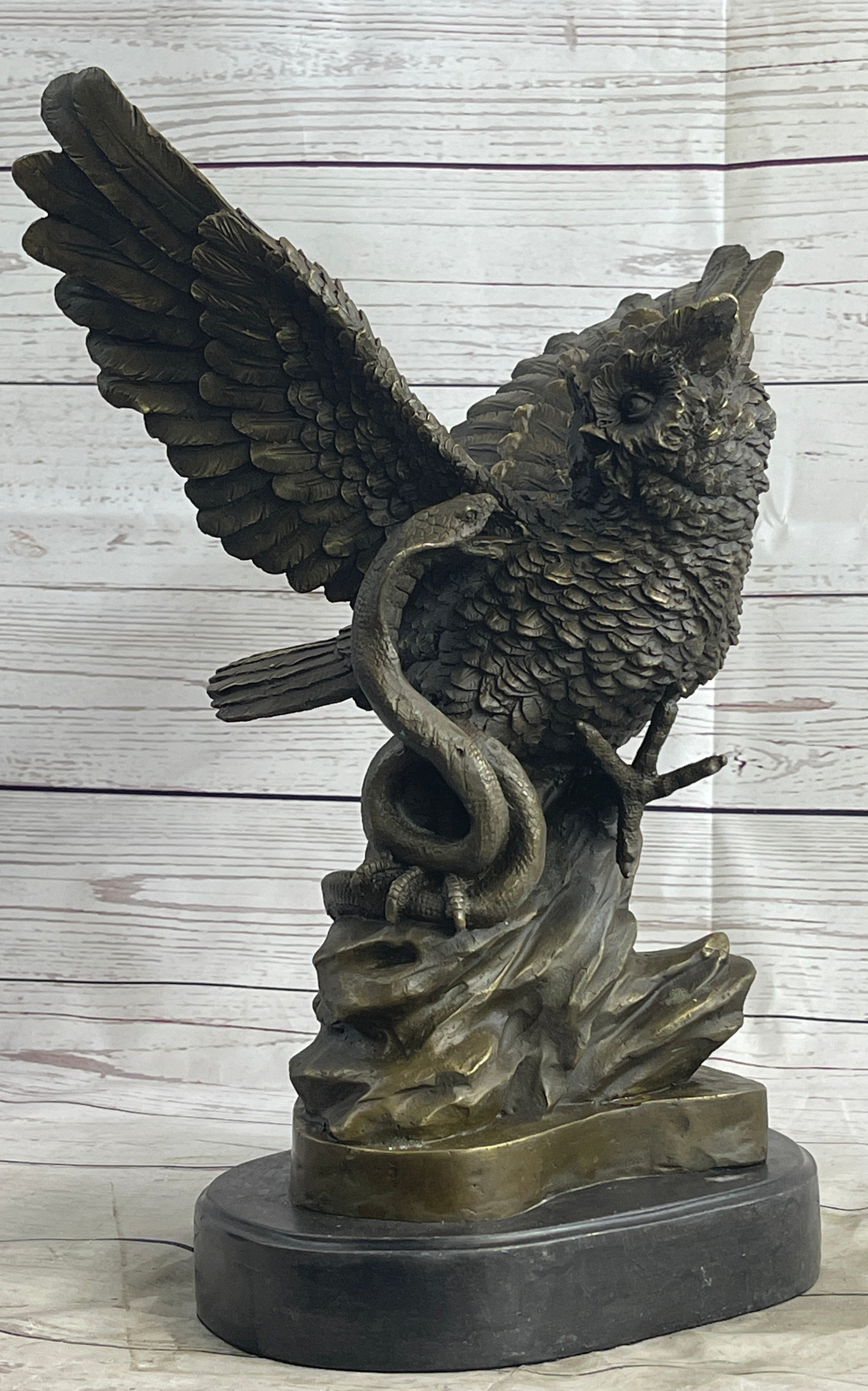 Owl and Snake Bronze Sculpture on Marble Base 15" x 12"