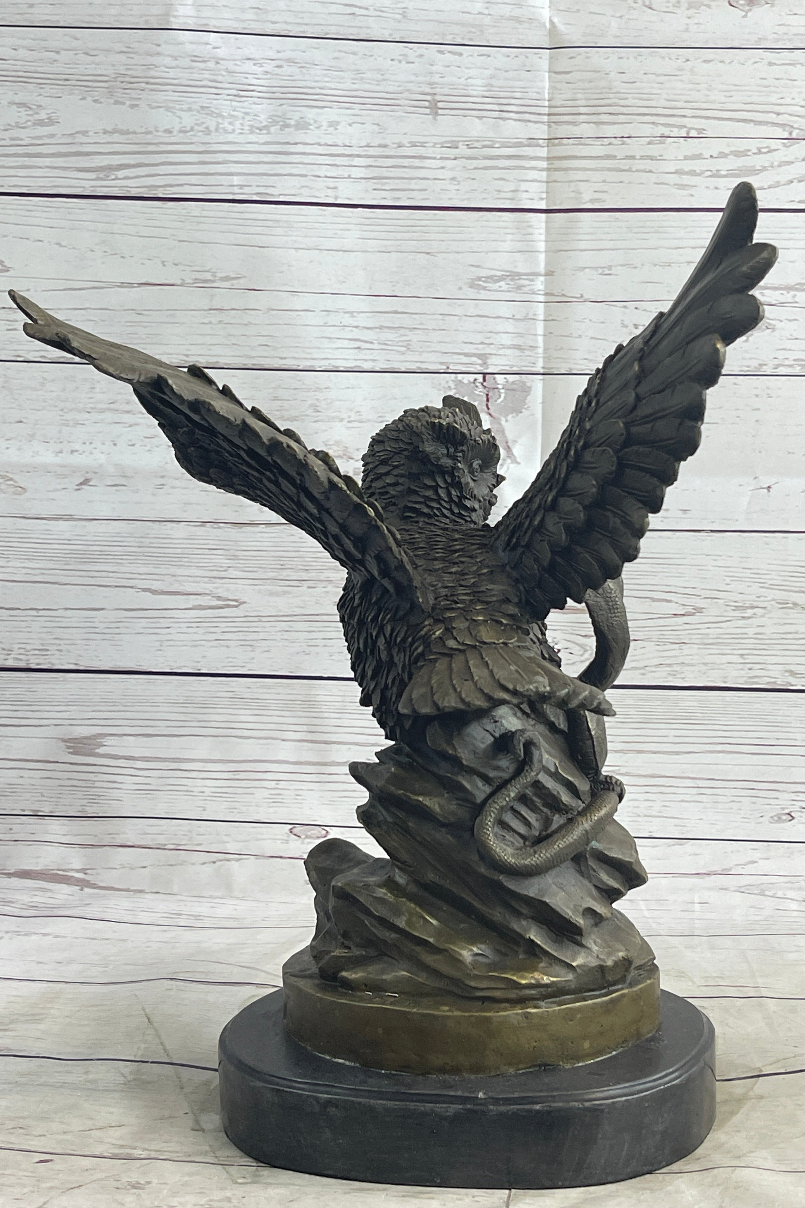 Owl and Snake Bronze Sculpture on Marble Base 15" x 12"