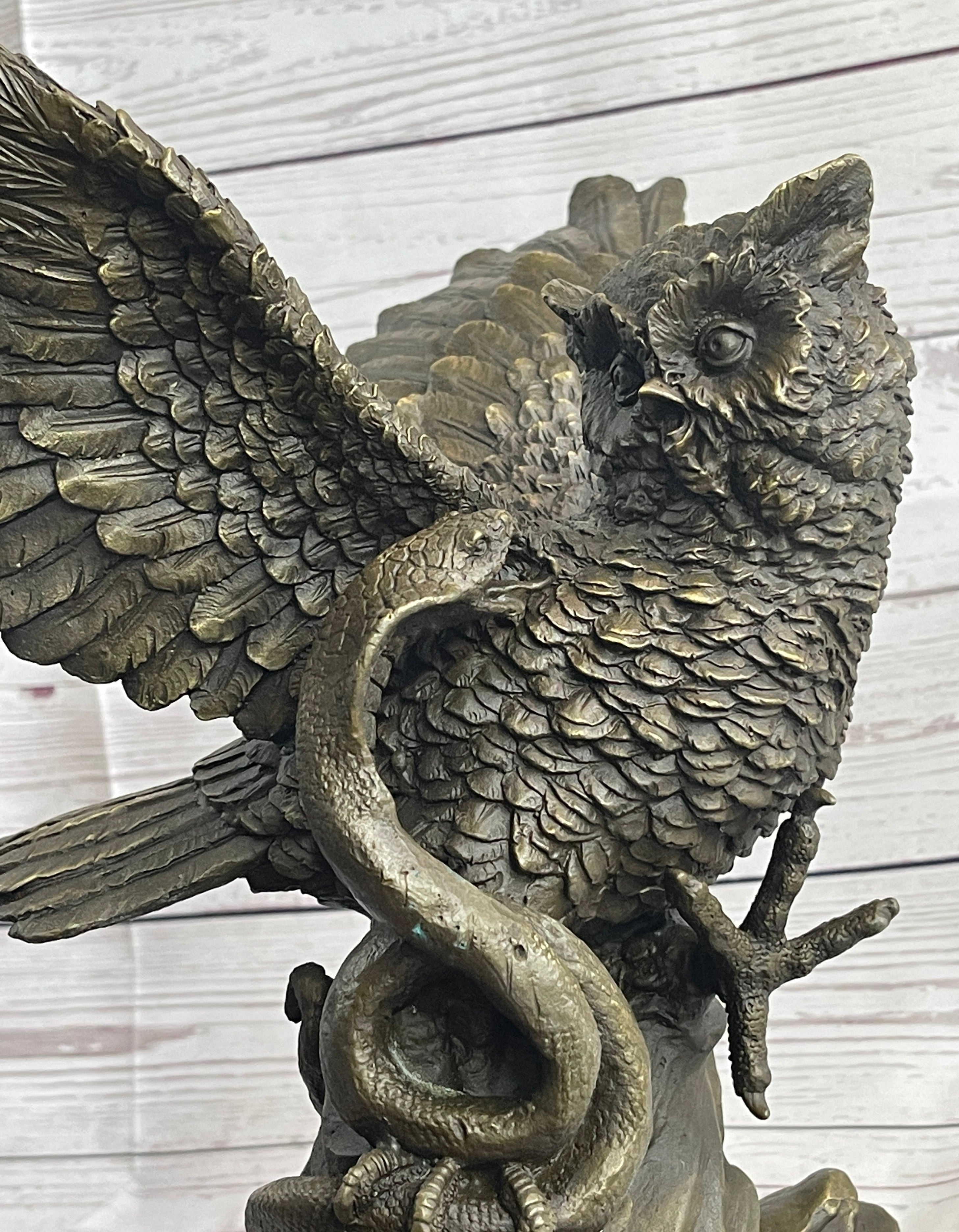 Owl and Snake Bronze Sculpture on Marble Base 15" x 12"