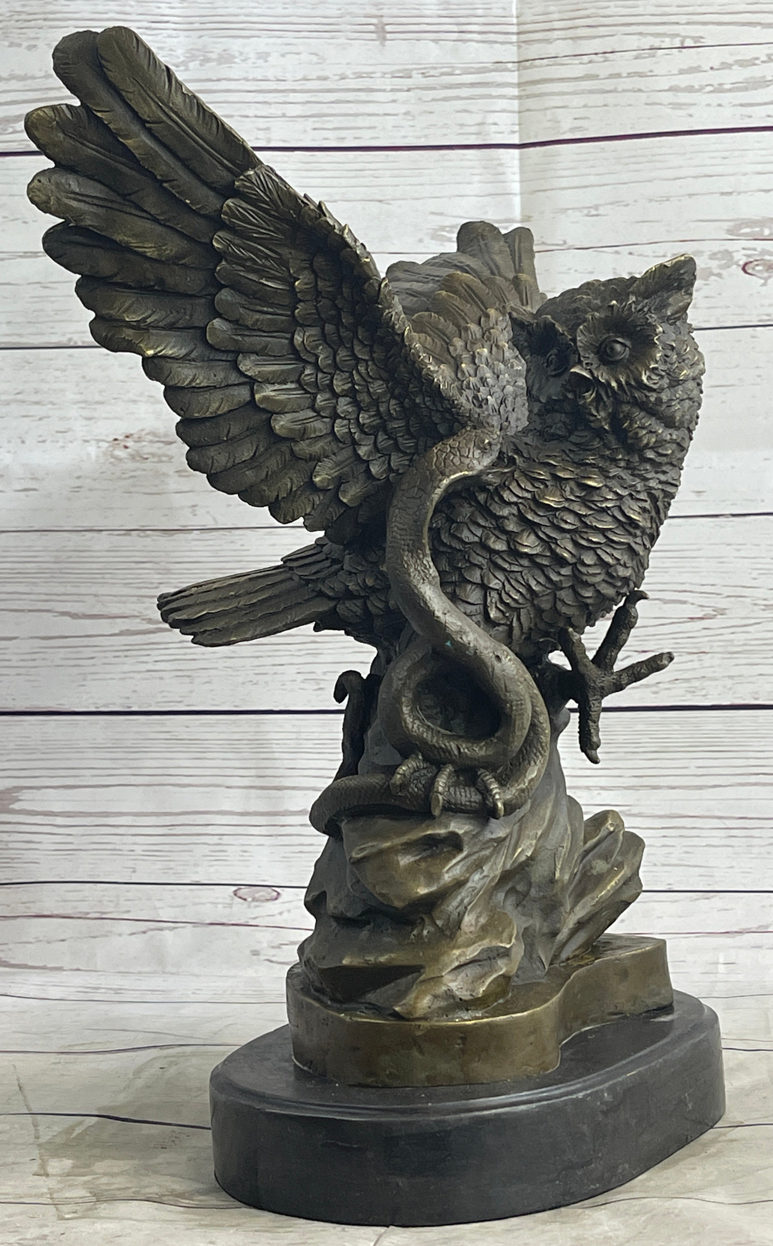 Owl and Snake Bronze Sculpture on Marble Base 15" x 12"