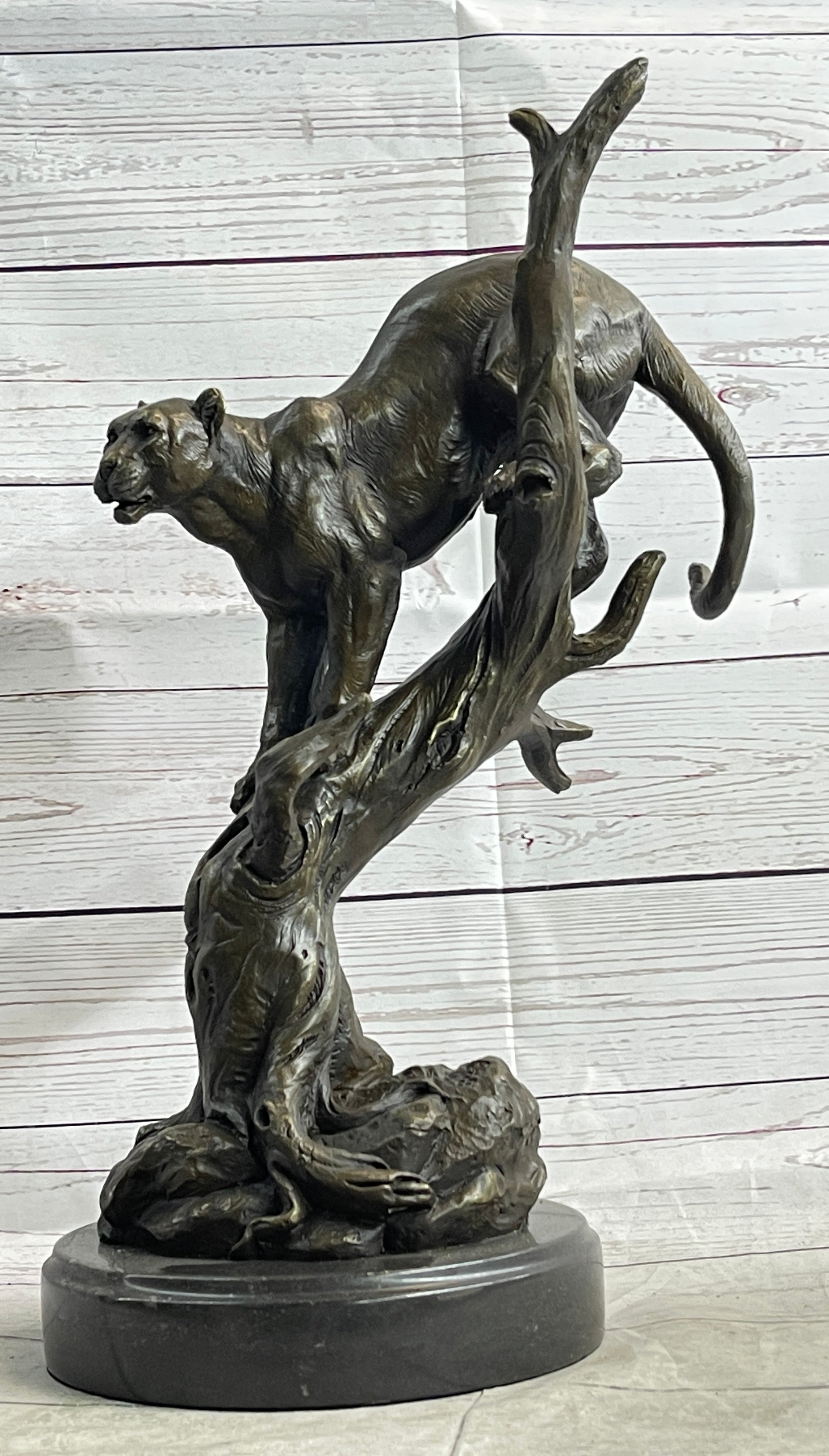 Mountain Lion Puma Panther in Tree Bronze Sculpture