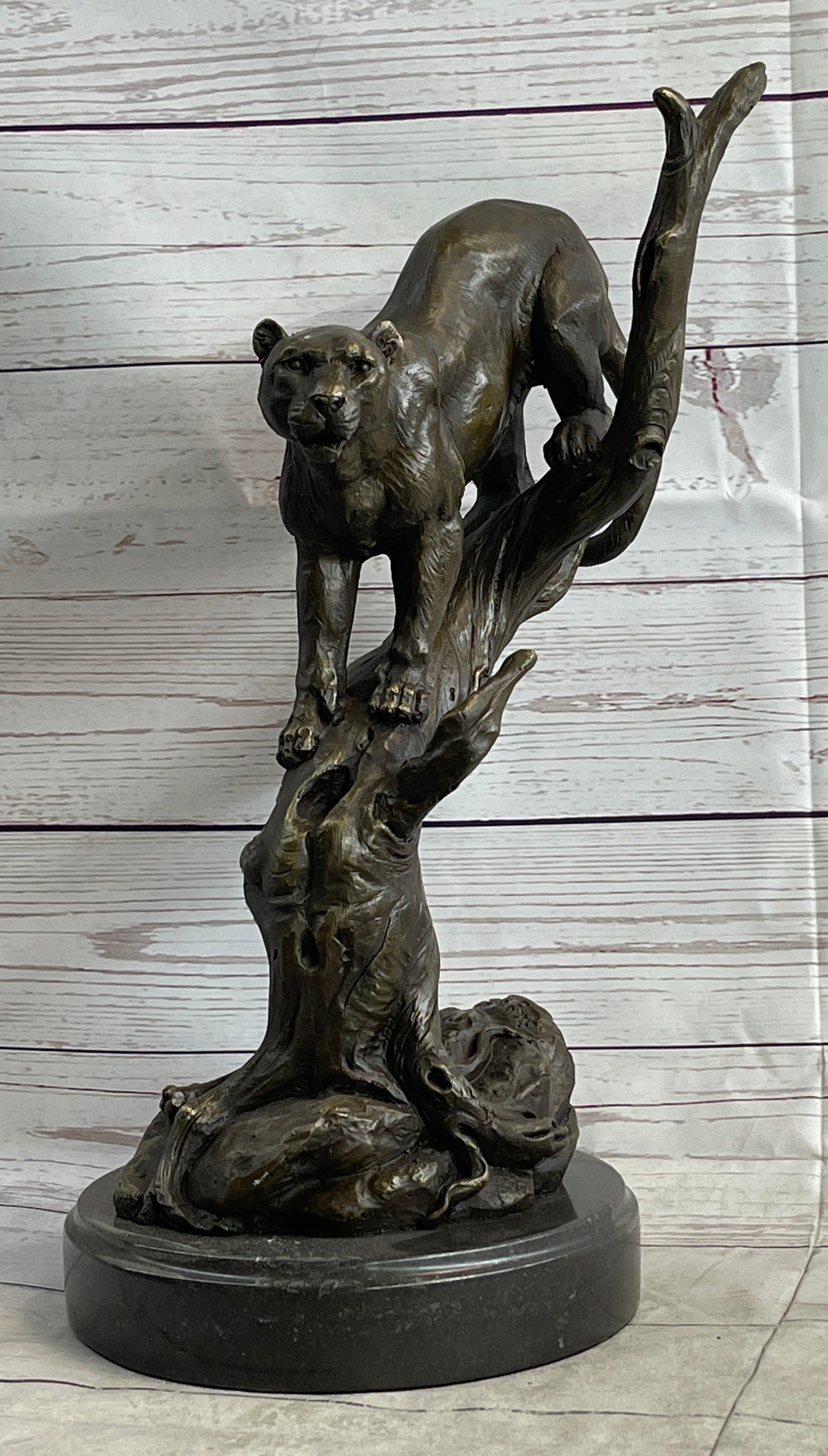 Mountain Lion Puma Panther in Tree Bronze Sculpture