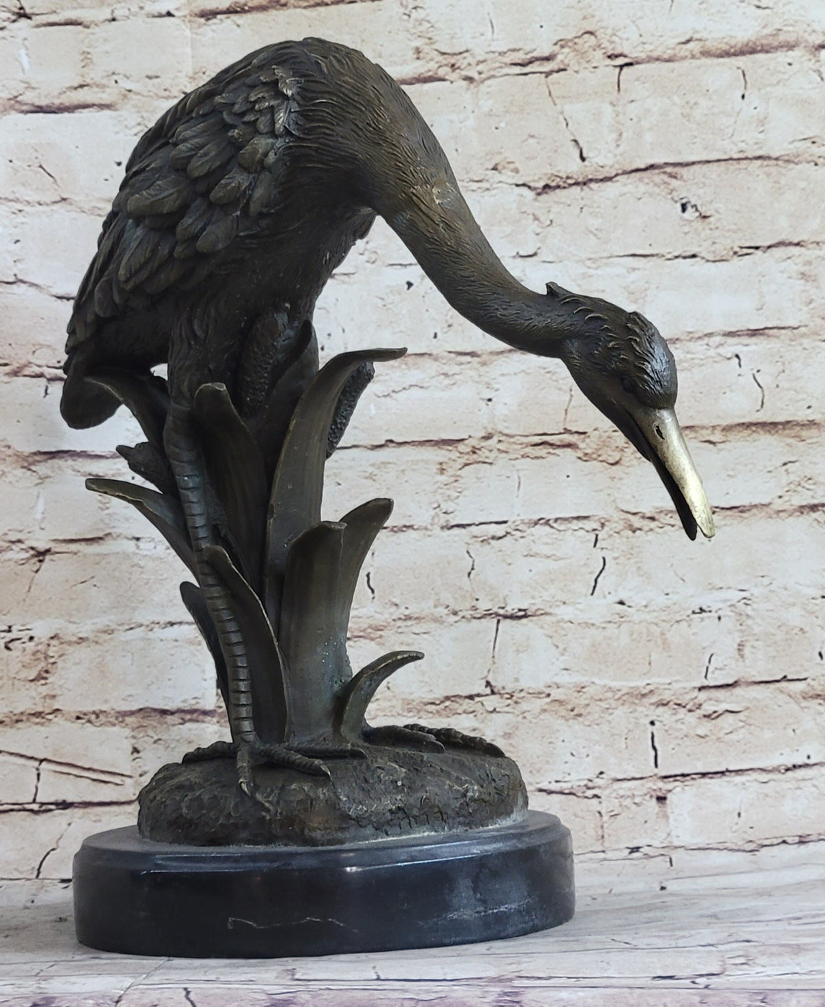 Heron Egret Crane Bronze Metal Sculpture Signed Art Marble Base