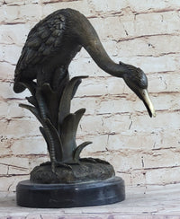 Heron Egret Crane Bronze Metal Sculpture Signed Art Marble Base