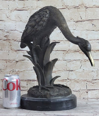 Heron Egret Crane Bronze Metal Sculpture Signed Art Marble Base