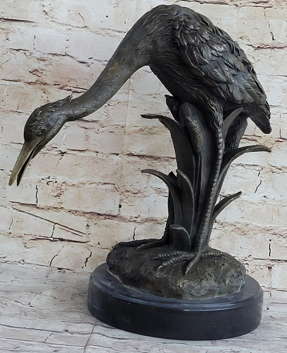 Heron Egret Crane Bronze Metal Sculpture Signed Art Marble Base
