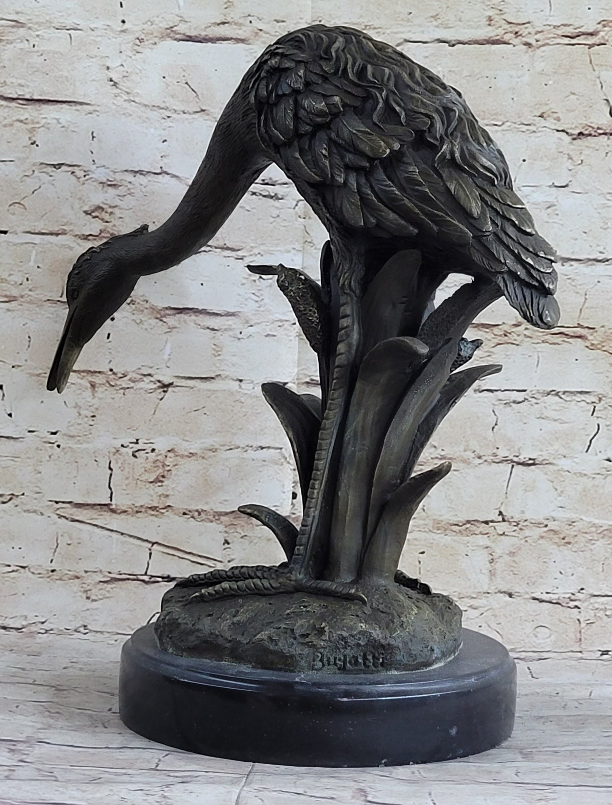 Heron Egret Crane Bronze Metal Sculpture Signed Art Marble Base