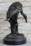 Heron Egret Crane Bronze Metal Sculpture Signed Art Marble Base