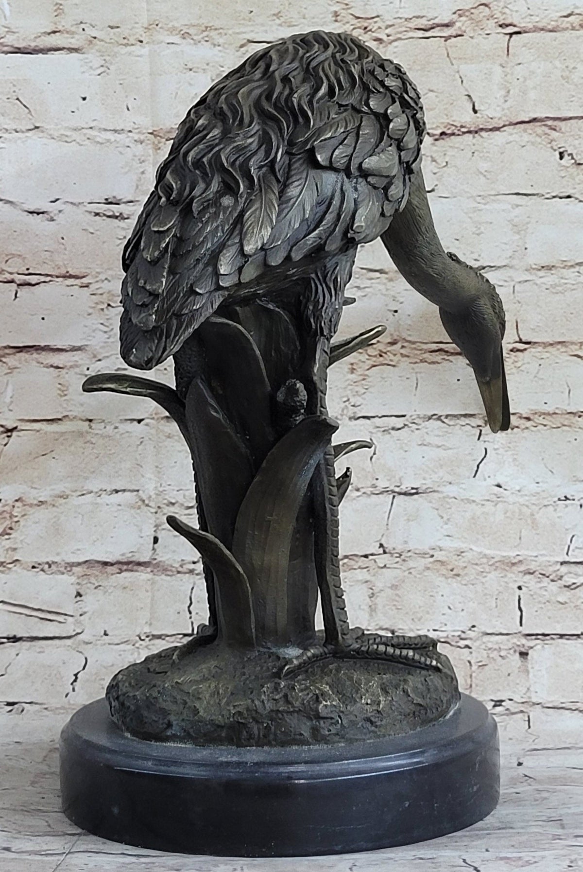 Heron Egret Crane Bronze Metal Sculpture Signed Art Marble Base