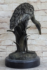 Heron Egret Crane Bronze Metal Sculpture Signed Art Marble Base
