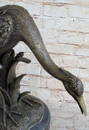 Heron Egret Crane Bronze Metal Sculpture Signed Art Marble Base