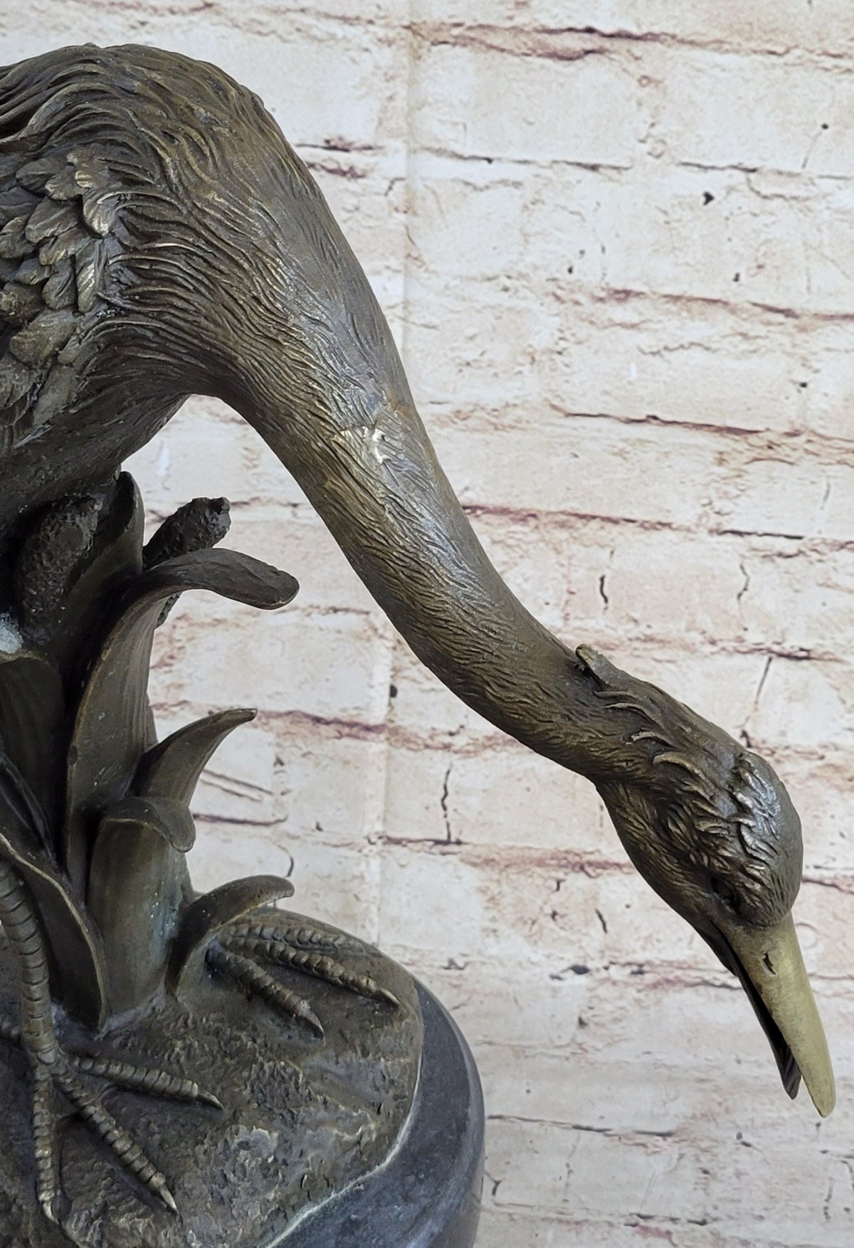 Heron Egret Crane Bronze Metal Sculpture Signed Art Marble Base