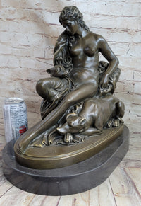 Nude Woman Female Figure w/ 2 Guard Dogs Bronze Sculpture Greek Roman
