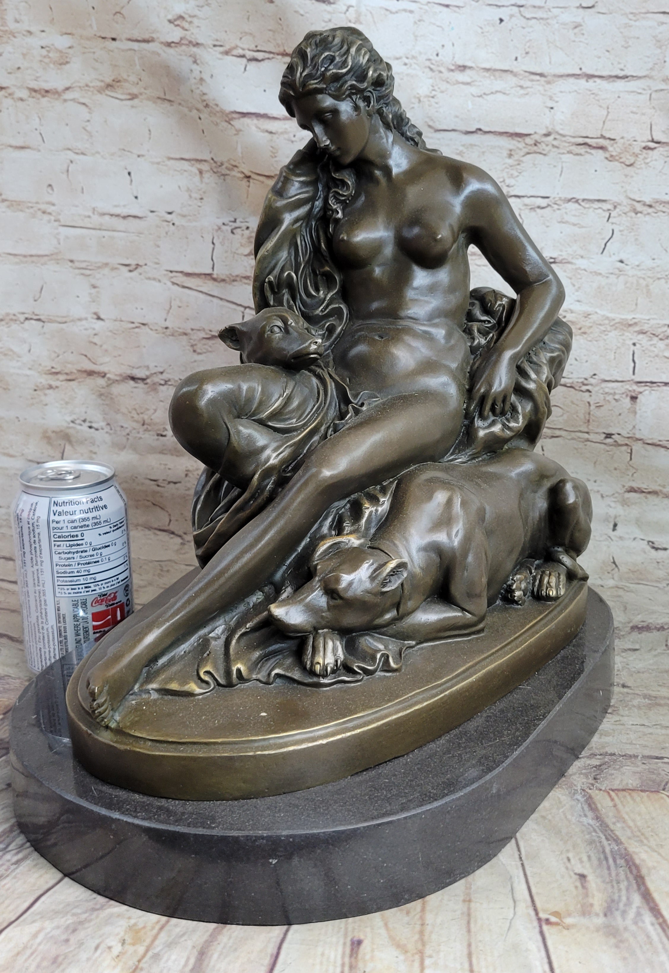 Nude Woman Female Figure w/ 2 Guard Dogs Bronze Sculpture Greek Roman