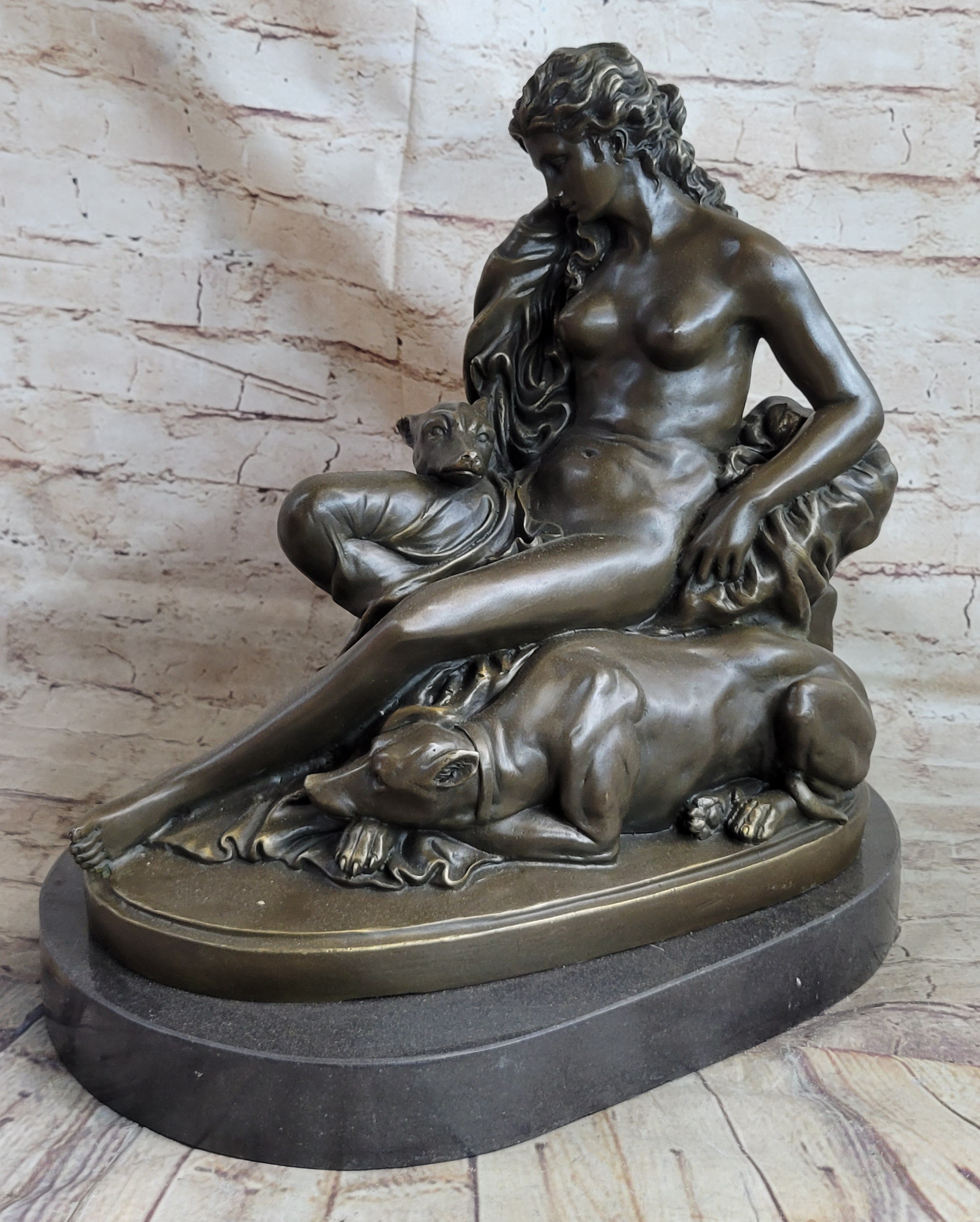 Nude Woman Female Figure w/ 2 Guard Dogs Bronze Sculpture Greek Roman