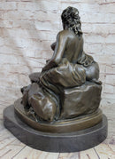 Nude Woman Female Figure w/ 2 Guard Dogs Bronze Sculpture Greek Roman
