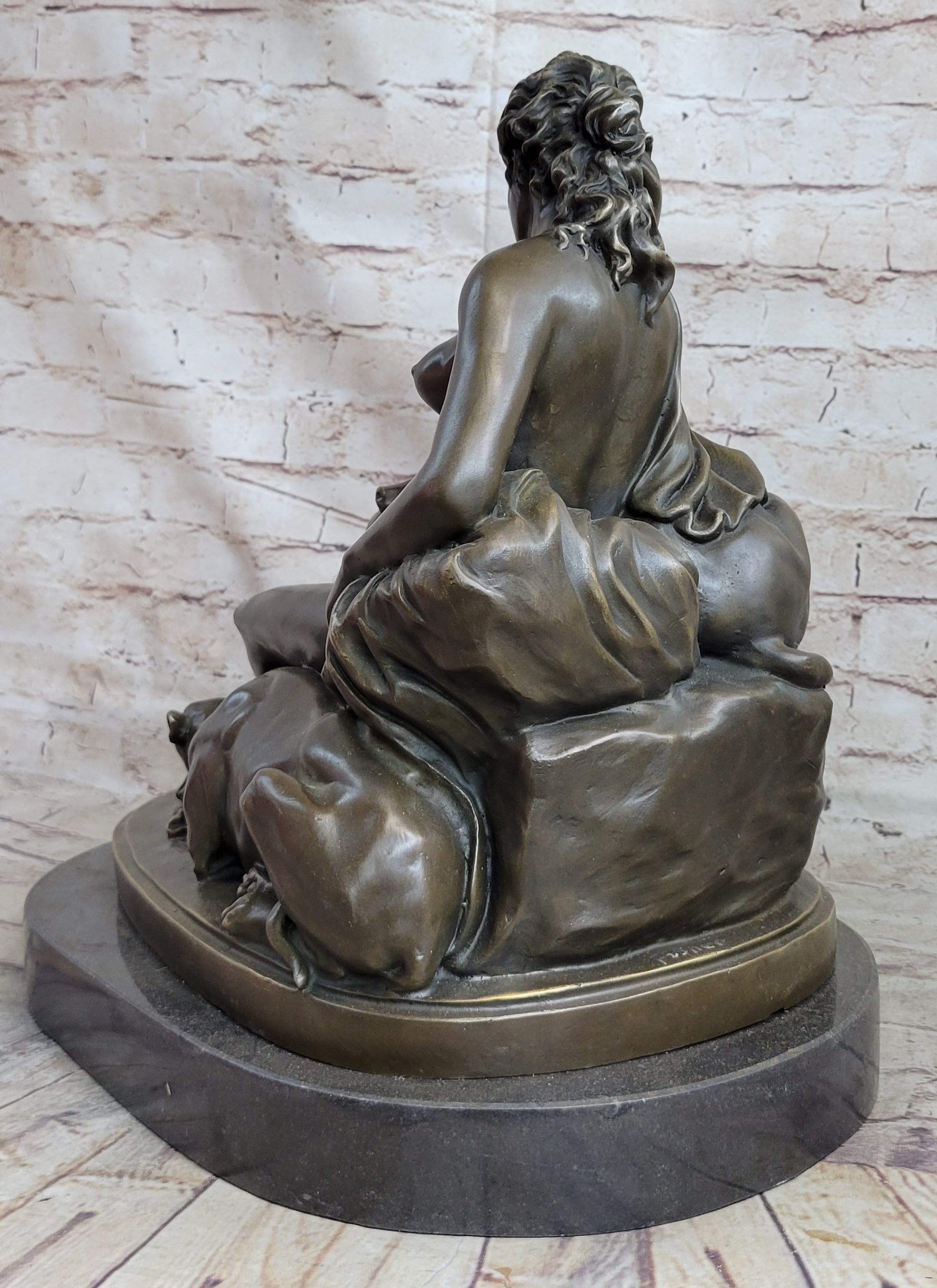 Nude Woman Female Figure w/ 2 Guard Dogs Bronze Sculpture Greek Roman
