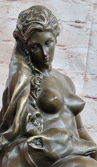 Nude Woman Female Figure w/ 2 Guard Dogs Bronze Sculpture Greek Roman