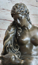 Nude Woman Female Figure w/ 2 Guard Dogs Bronze Sculpture Greek Roman