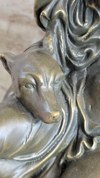 Nude Woman Female Figure w/ 2 Guard Dogs Bronze Sculpture Greek Roman