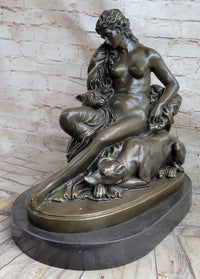 Nude Woman Female Figure w/ 2 Guard Dogs Bronze Sculpture Greek Roman