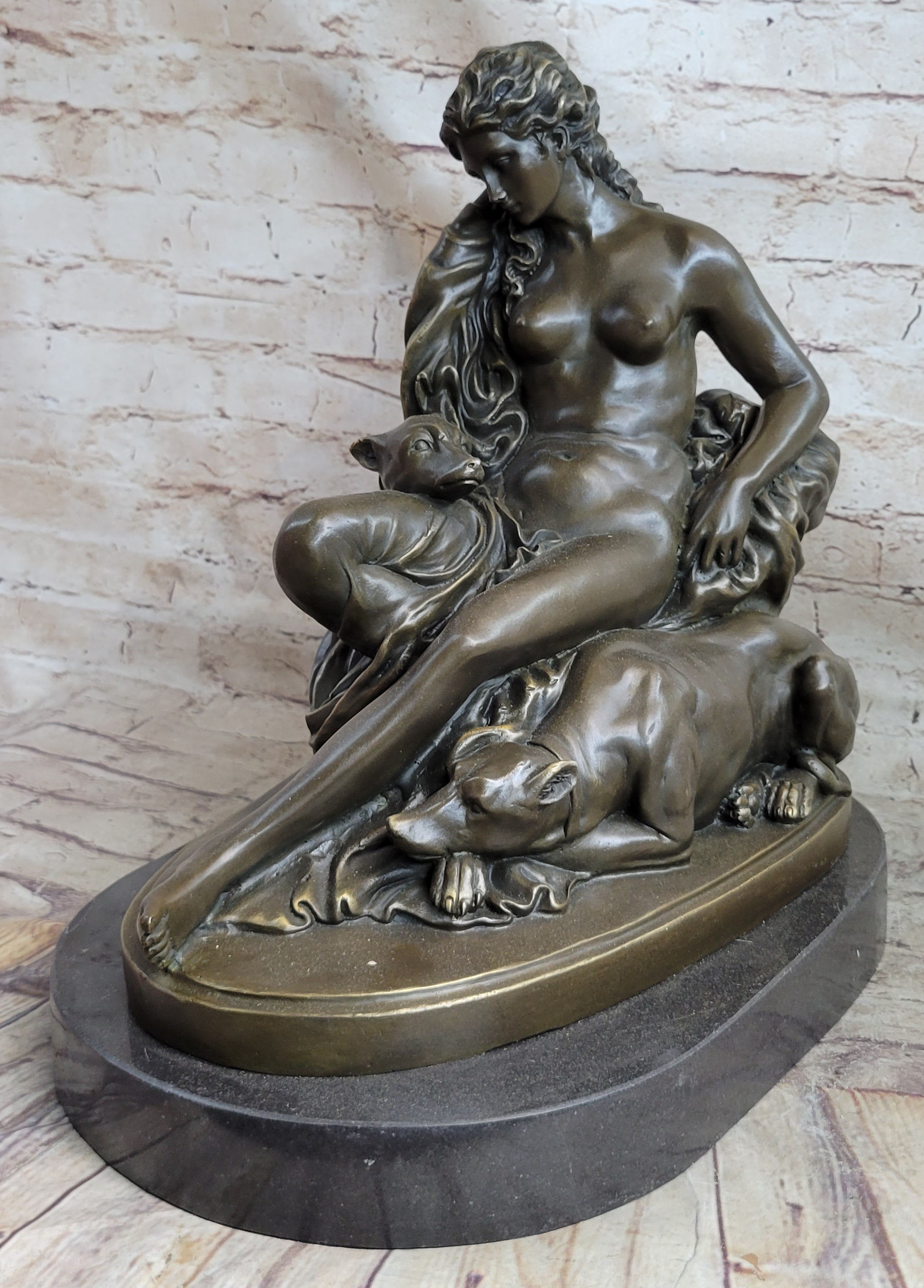 Nude Woman Female Figure w/ 2 Guard Dogs Bronze Sculpture Greek Roman