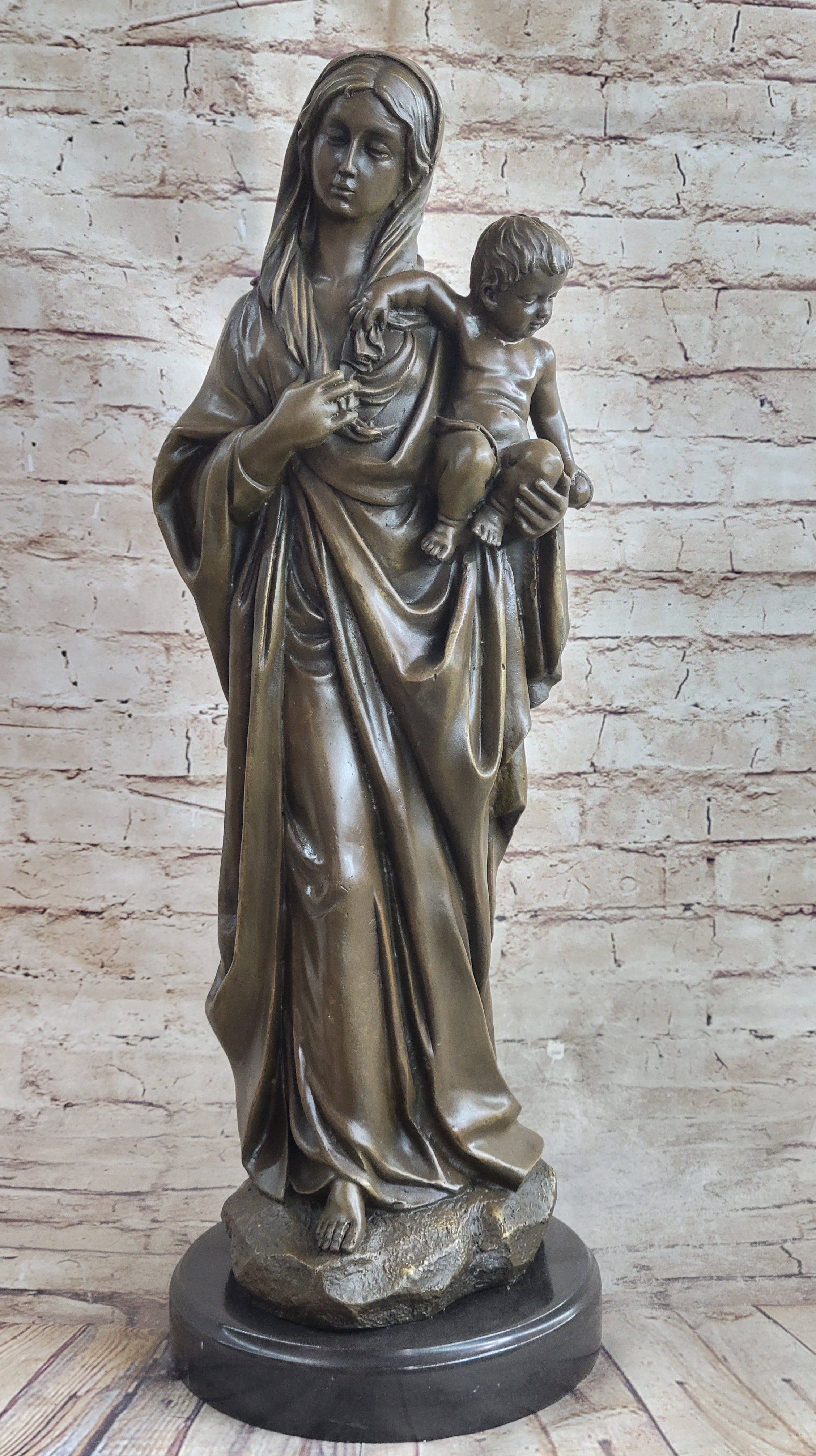 Madonna Virgin Mary w/ Baby Jesus Bronze 23" x 8"