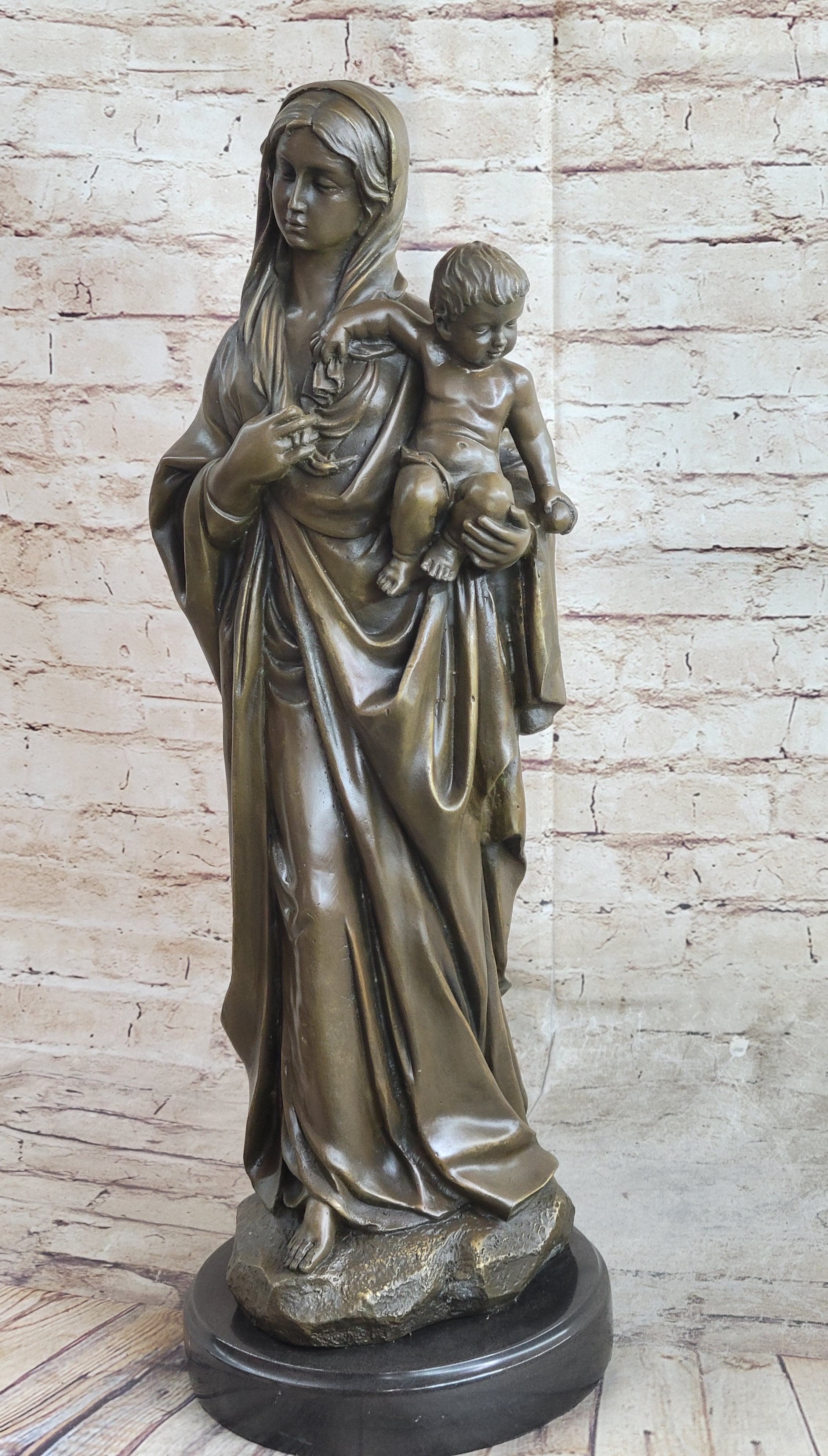 Madonna Virgin Mary w/ Baby Jesus Bronze 23" x 8"