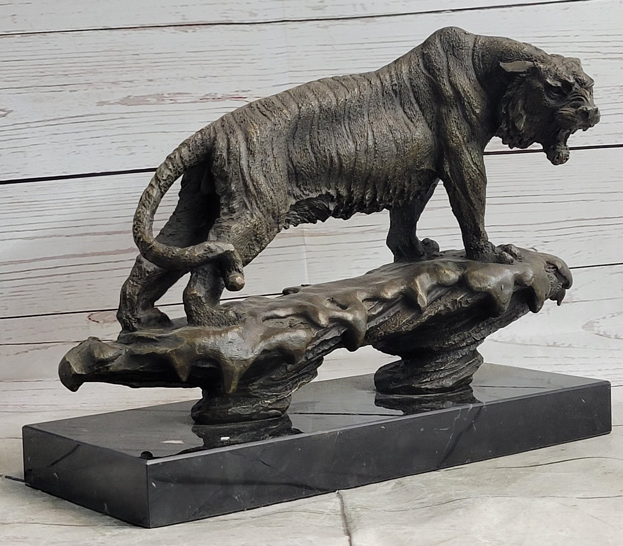 Bronze Tiger Sculpture on Marble Base – Fierce Big Cat