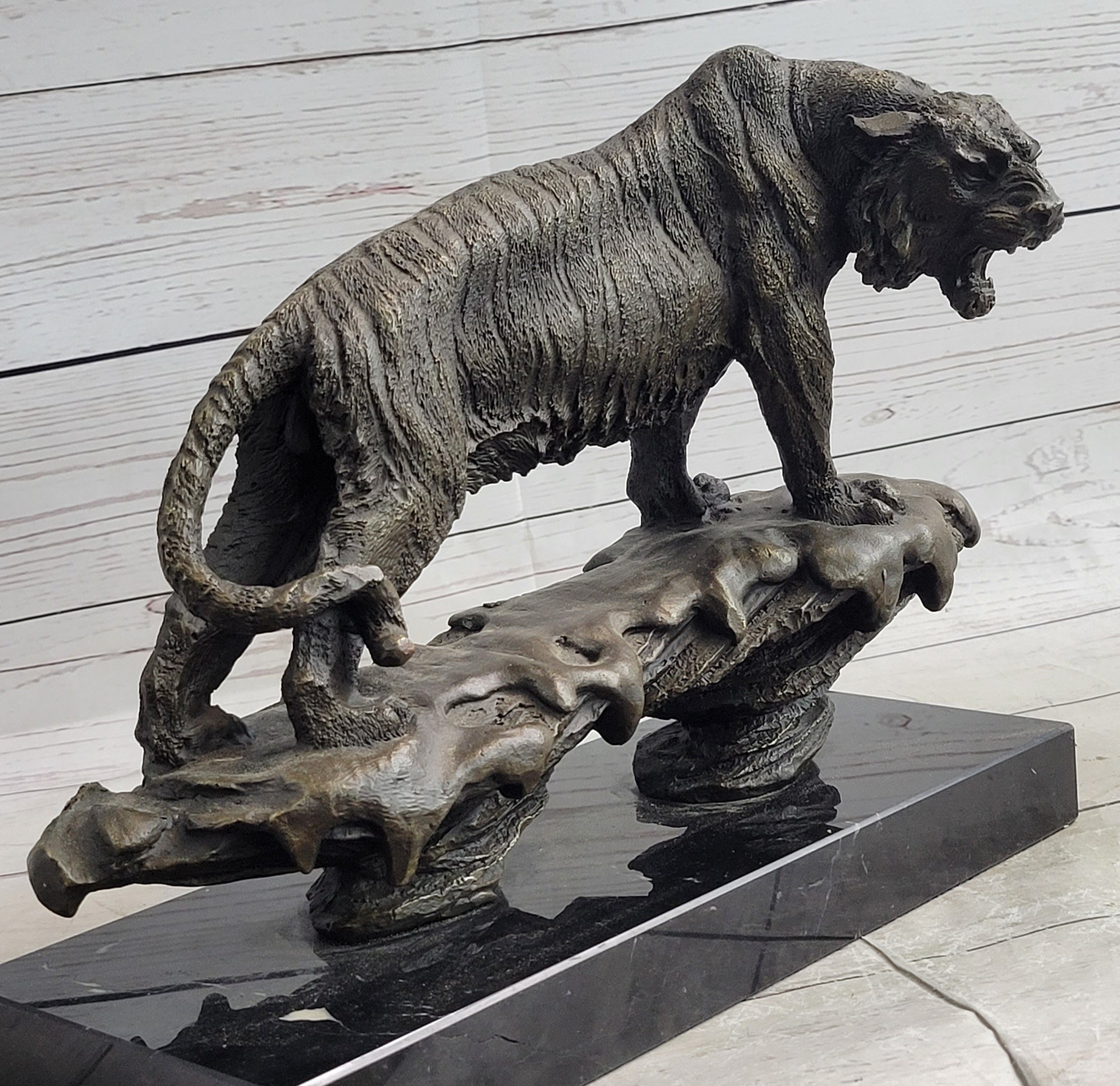 Bronze Tiger Sculpture on Marble Base – Fierce Big Cat