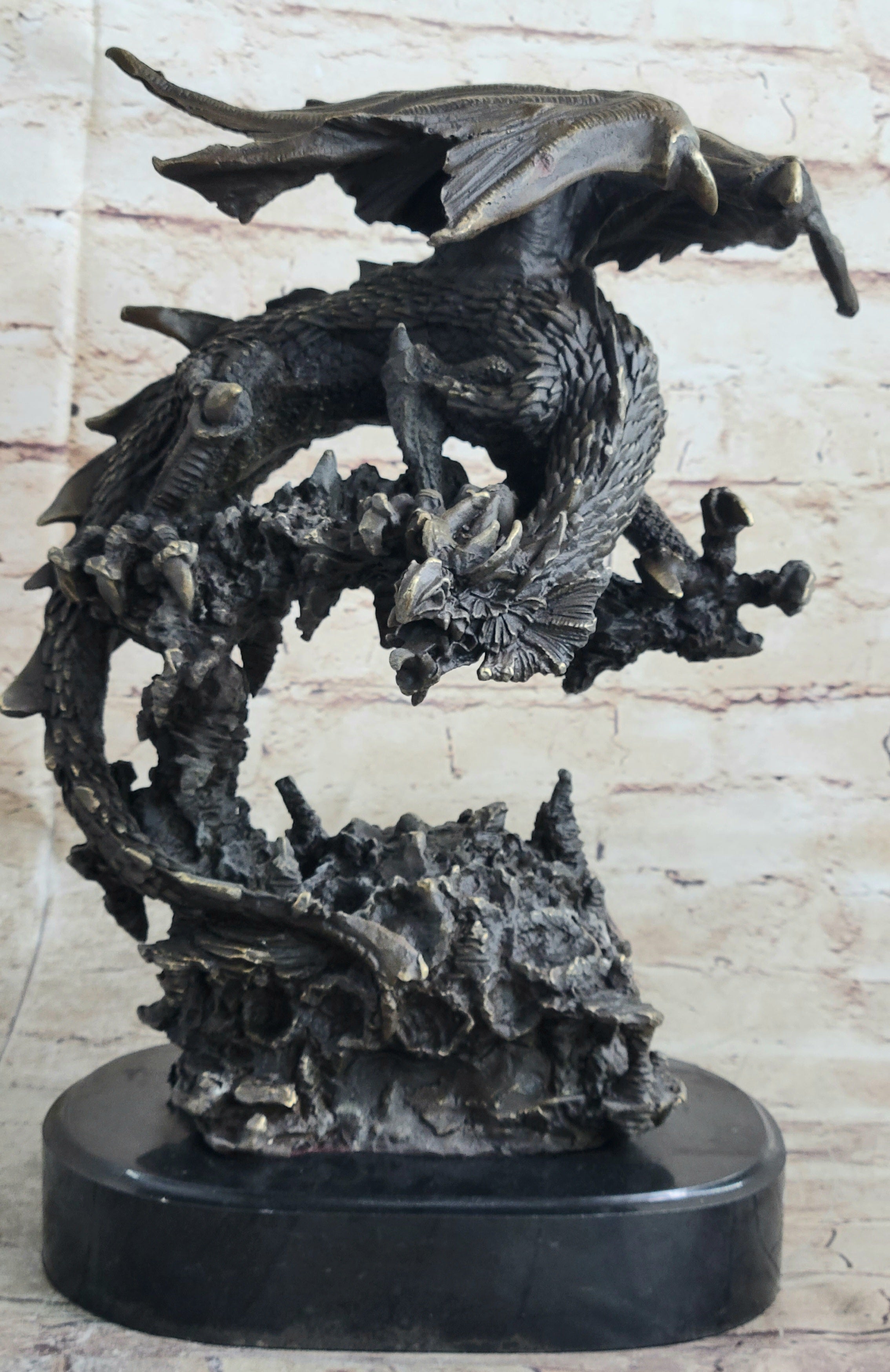 Signed Original Mythical Flying Dragon Bronze Sculpture