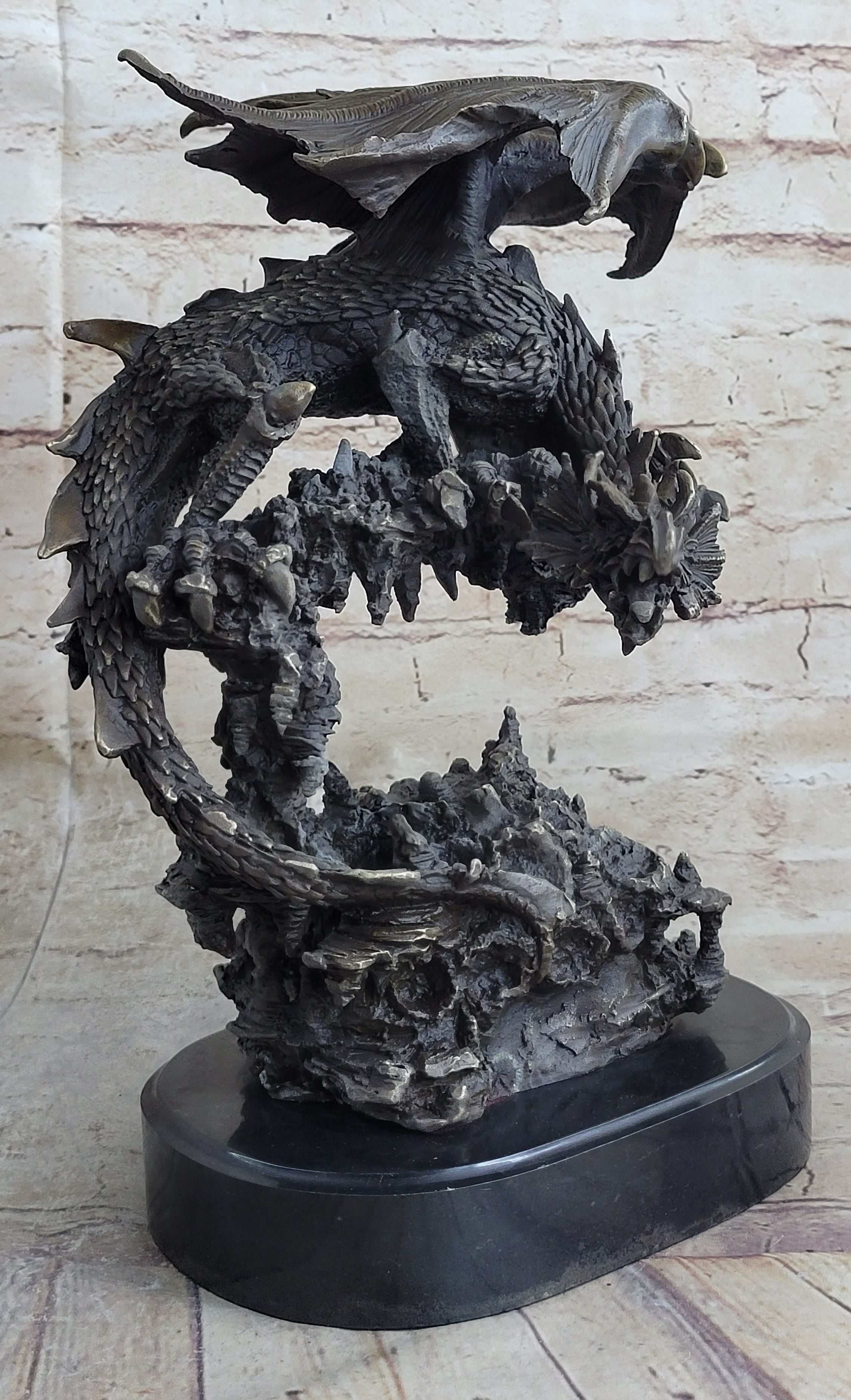 Signed Original Mythical Flying Dragon Bronze Sculpture