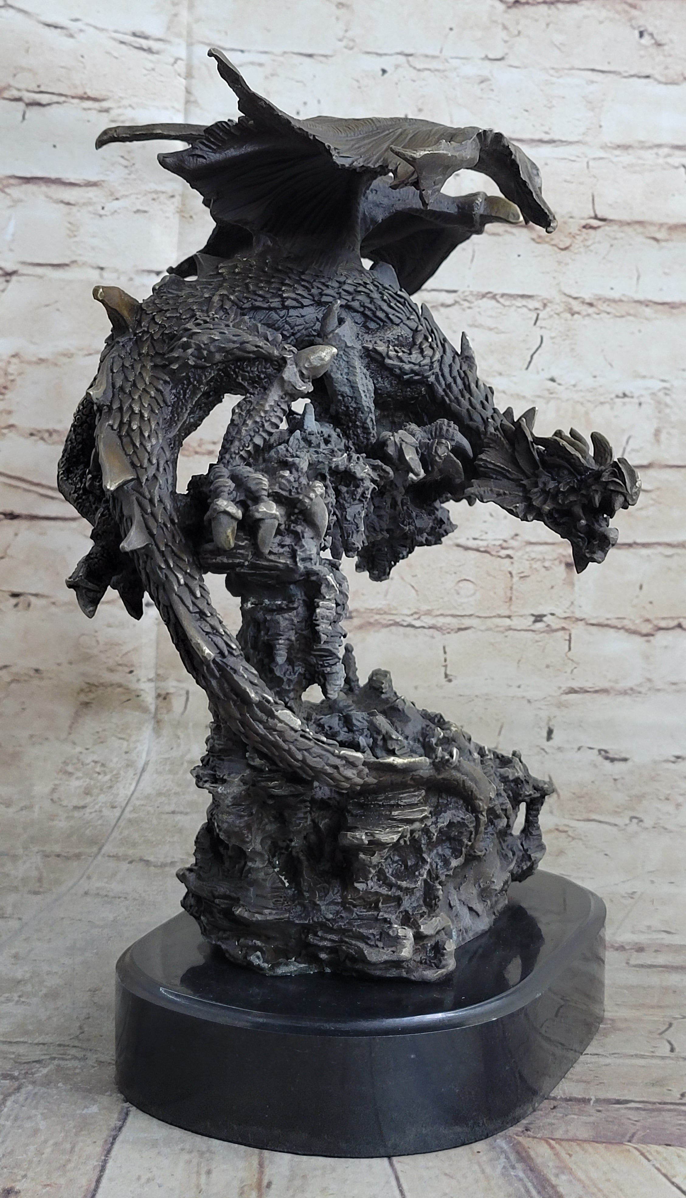 Signed Original Mythical Flying Dragon Bronze Sculpture